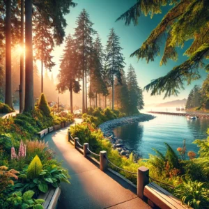 A picturesque scene showcasing the lush greenery and iconic seawall.