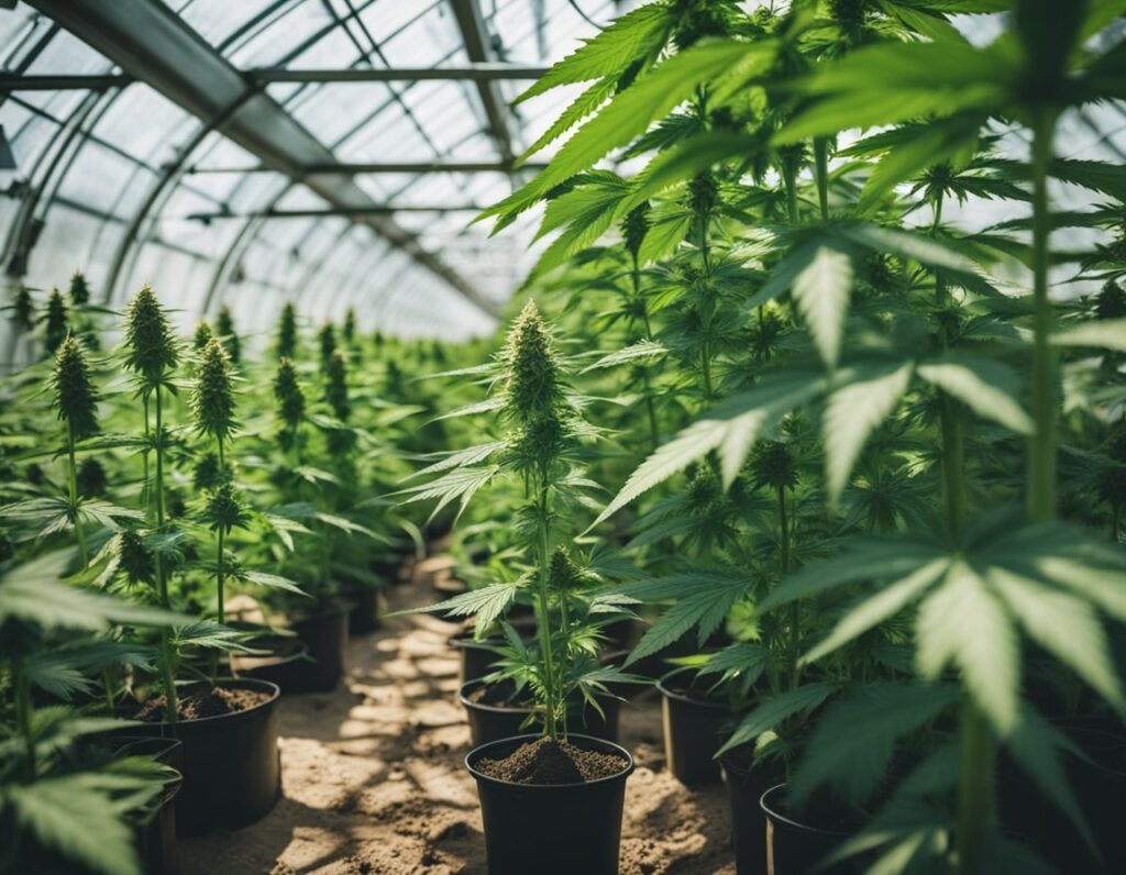 Cannabis plants growing in black pots inside a greenhouse with natural sunlight filtering through the glass ceiling. Rows of green marijuana plants are visible, with soil on the ground.