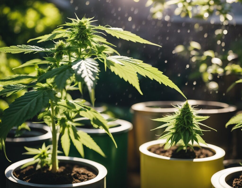 Young cannabis plants growing in pots outdoors under sunlight