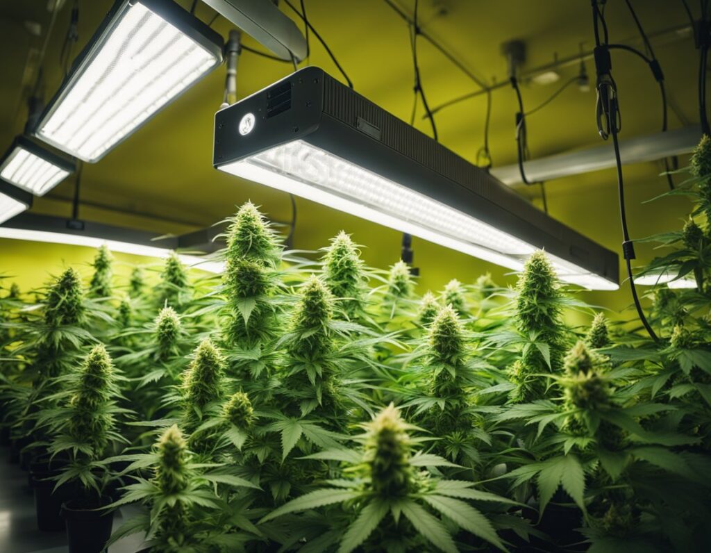 Indoor cannabis grow room with multiple plants under bright overhead lights, showcasing green leaves and dense buds.