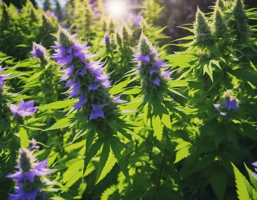 Cannabis plants with vibrant green leaves and purple flowers blooming under bright sunlight in an outdoor garden.