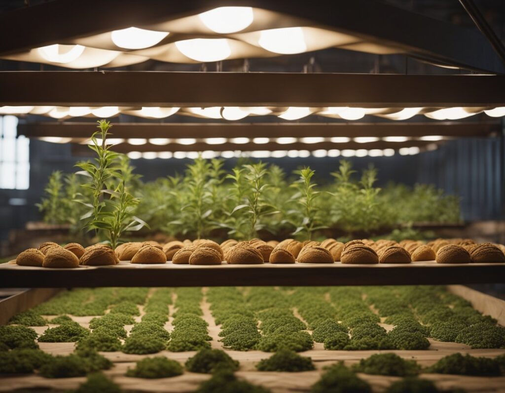 Indoor vertical farm with trays of small green seedlings and soil pods under artificial grow lights.