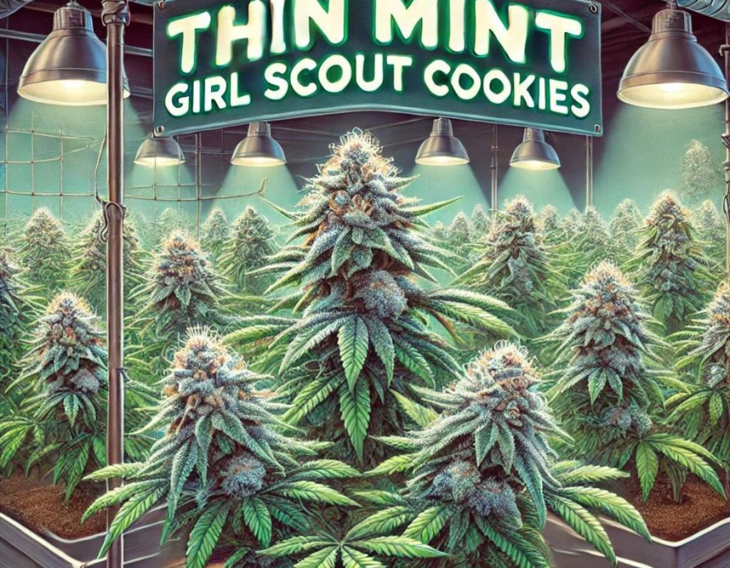 In a vibrant greenhouse, dense cannabis plants thrive under glowing lights. A neon sign overhead declares "Thin Mint Girl Scout Cookies," hinting at the Cookies Seeds' renowned genetics cultivated here. Explore the best varieties reaching new heights in Canadian Gardens.