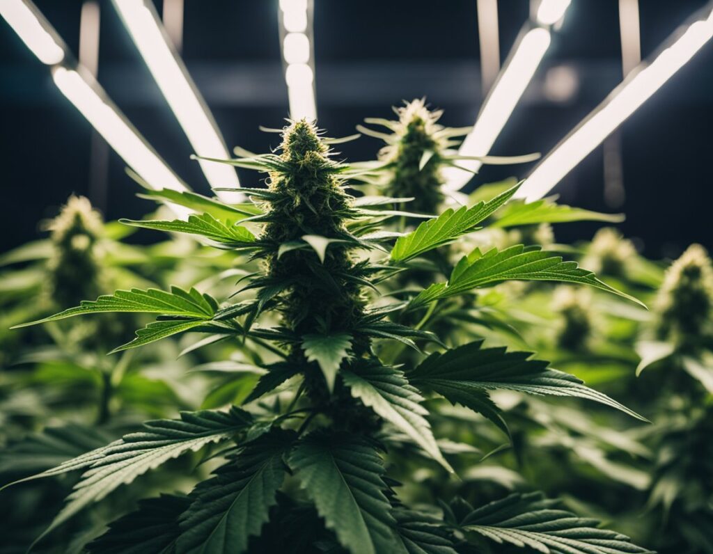 Close-up of cannabis plants growing under bright indoor lights, highlighting the green leaves and buds