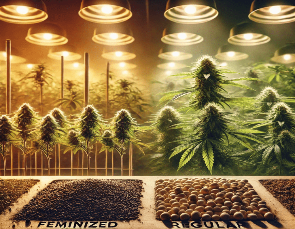 French Cookies Feminized Seeds vs. Regular Seeds: A US Grower’s Guide – indoor cannabis plants under grow lights with feminized and regular seed varieties displayed in foreground.