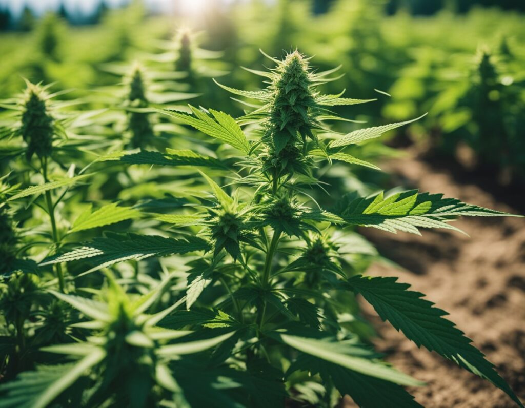 Close-up of cannabis plants growing in a sunlit field with green leaves and buds