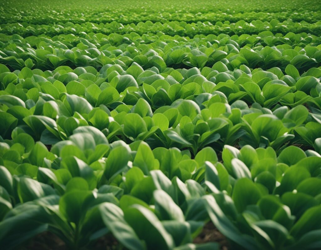 Close-up view of a lush green lettuce field with rows of healthy leafy plants growing under natural sunlight.