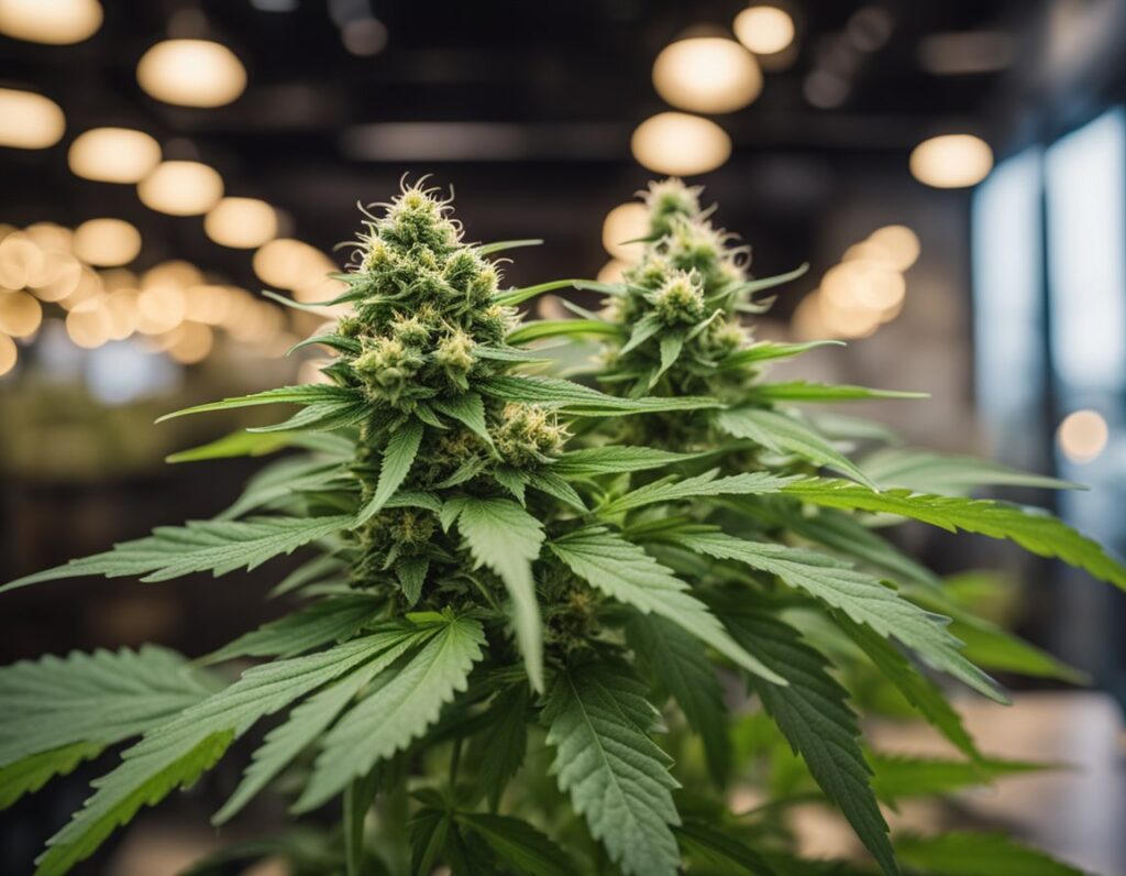 Close-up of a cannabis plant with dense buds and green leaves in an indoor facility with soft, blurred lighting in the background.