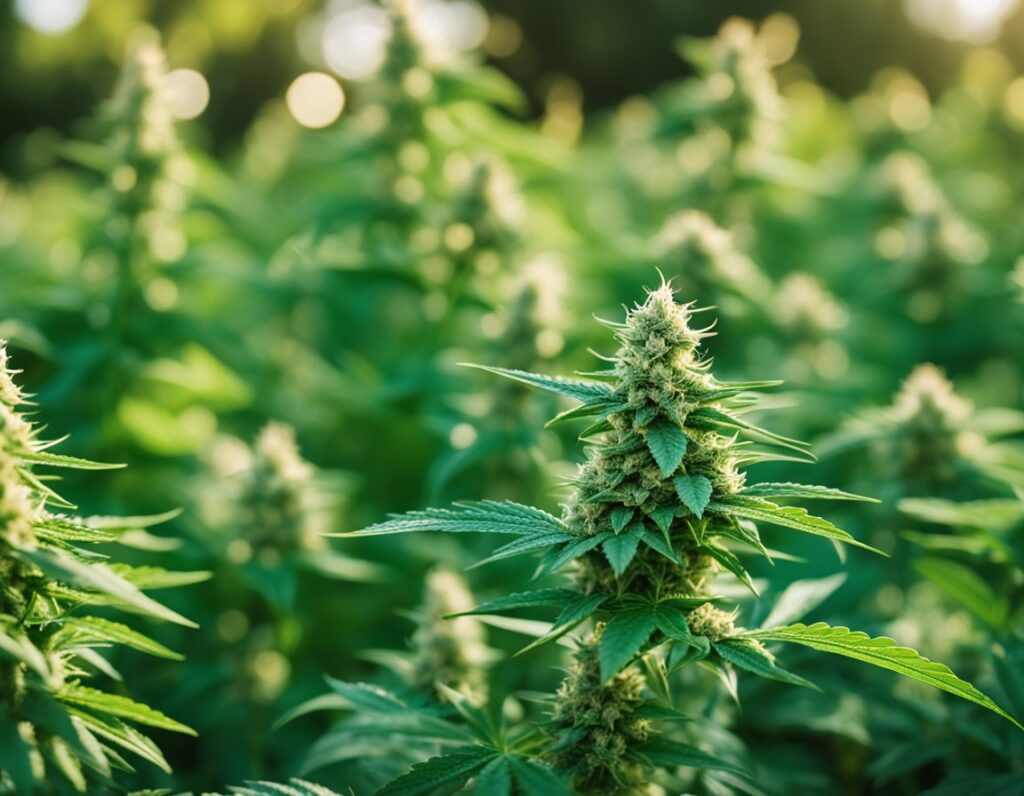 Close-up of a cannabis plant with dense green leaves and buds growing outdoors in natural sunlight.