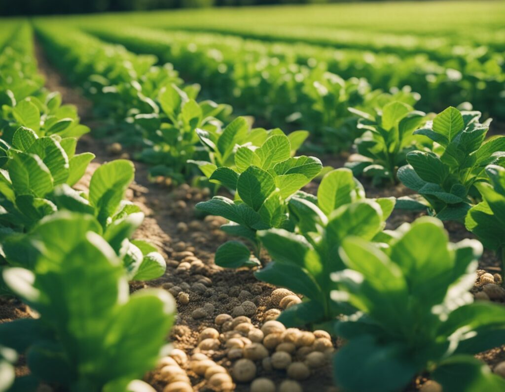 Close-up of young green plants growing in neat rows in a sunlit field with small round seeds on the soil surface