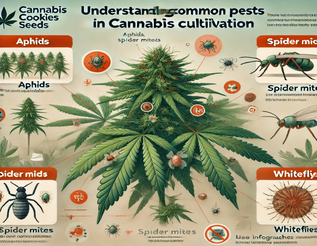 Explore our illustrated guide to common pests in cannabis cultivation, including aphids, spider mites, and whiteflies. With detailed visual examples and labels, this resource empowers you with DIY pest control techniques to protect your Cannabis Cookies Seeds garden in the USA.