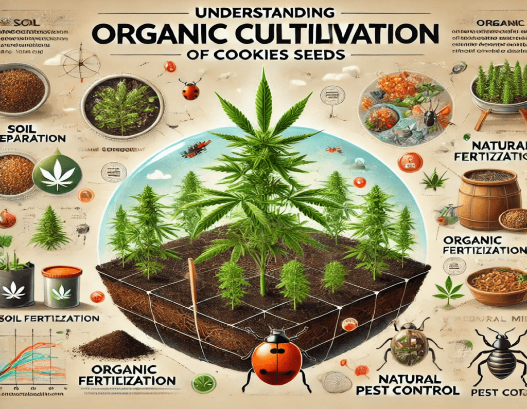 Illustrated Canadian guide to organic cookie seed cultivation, featuring soil preparation, pest control, and fertilization techniques with labeled images of tools and plants.