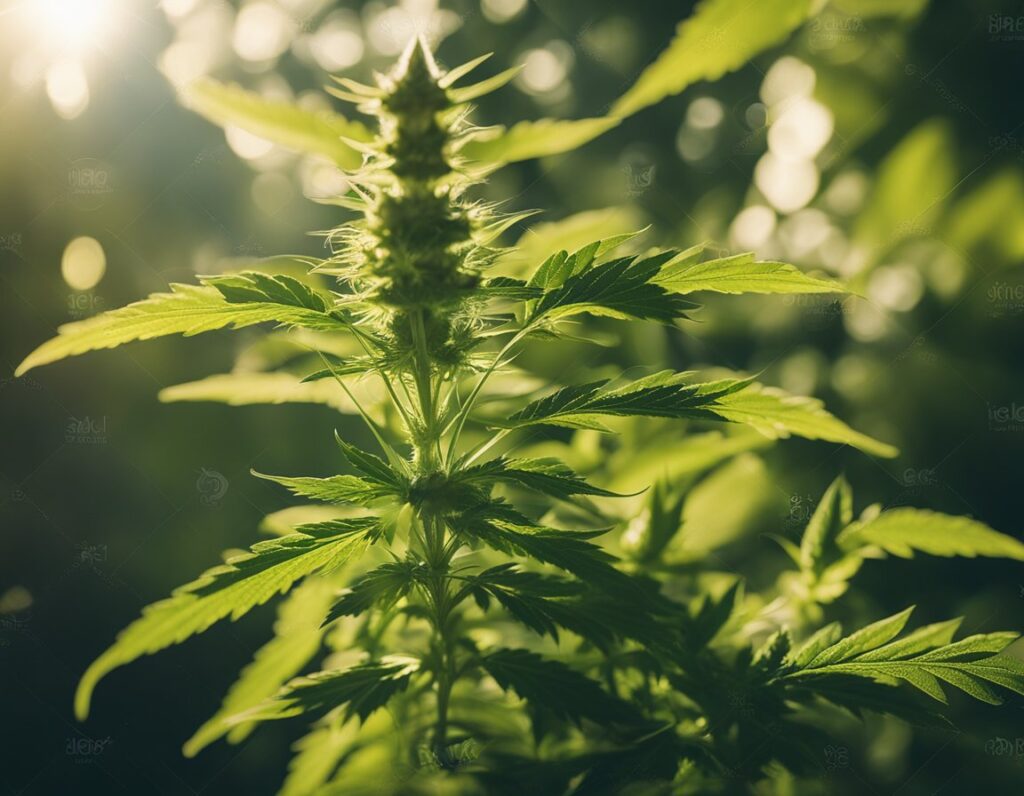 Close-up of a cannabis plant with vibrant green leaves and buds, illuminated by natural sunlight outdoors.