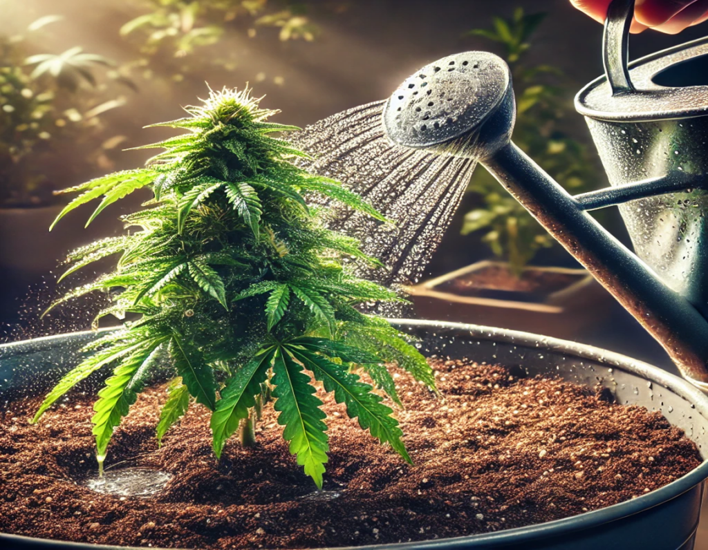 Close-up of a small cannabis plant being watered with a watering can in an indoor setting