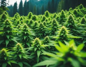 Field of lush green cannabis plants with dense foliage, set against a backdrop of tall pine trees and a misty forest.