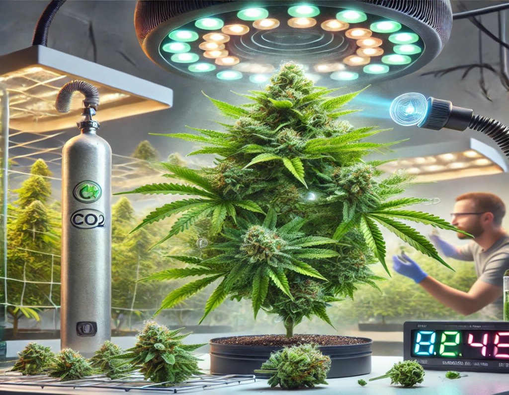 Cannabis plant under specialized LED lights and CO2 enrichment system in a controlled indoor lab, with a scientist examining plants in the background.