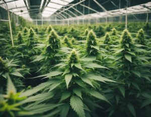 Large cannabis plants growing in a greenhouse with natural light filtering through the ceiling.