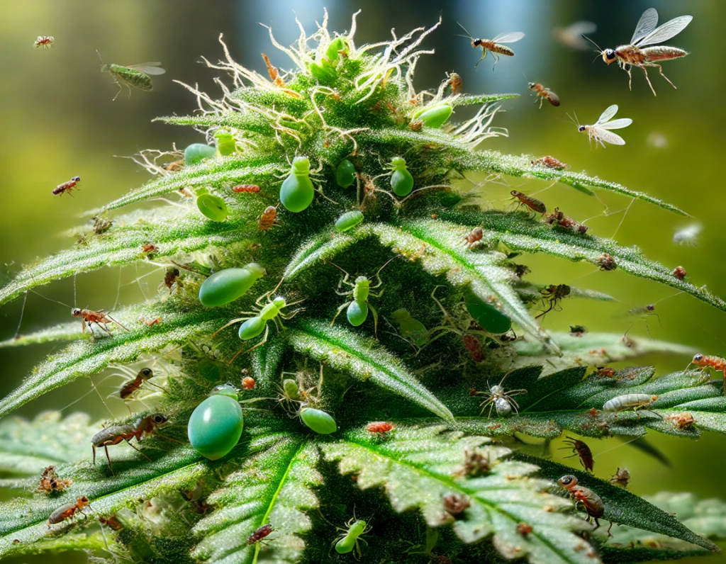 A close-up of a plant teeming with various pests, including ants, aphids, and flies, set against a blurred green backdrop.