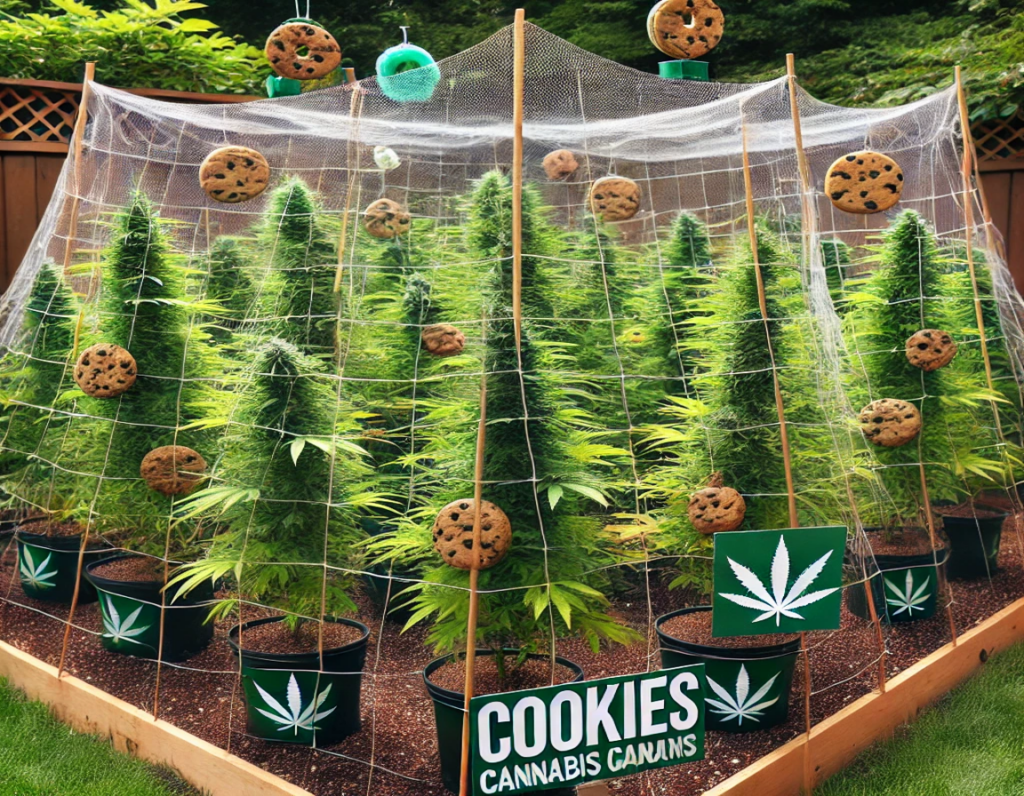 Cannabis plants grown from Canadian Cookies Seeds thrive in pots, shielded by a net adorned with cookies. Signs featuring cannabis leaves and the word "Cookies" are displayed, ensuring a nod to their origins while keeping pests at bay.