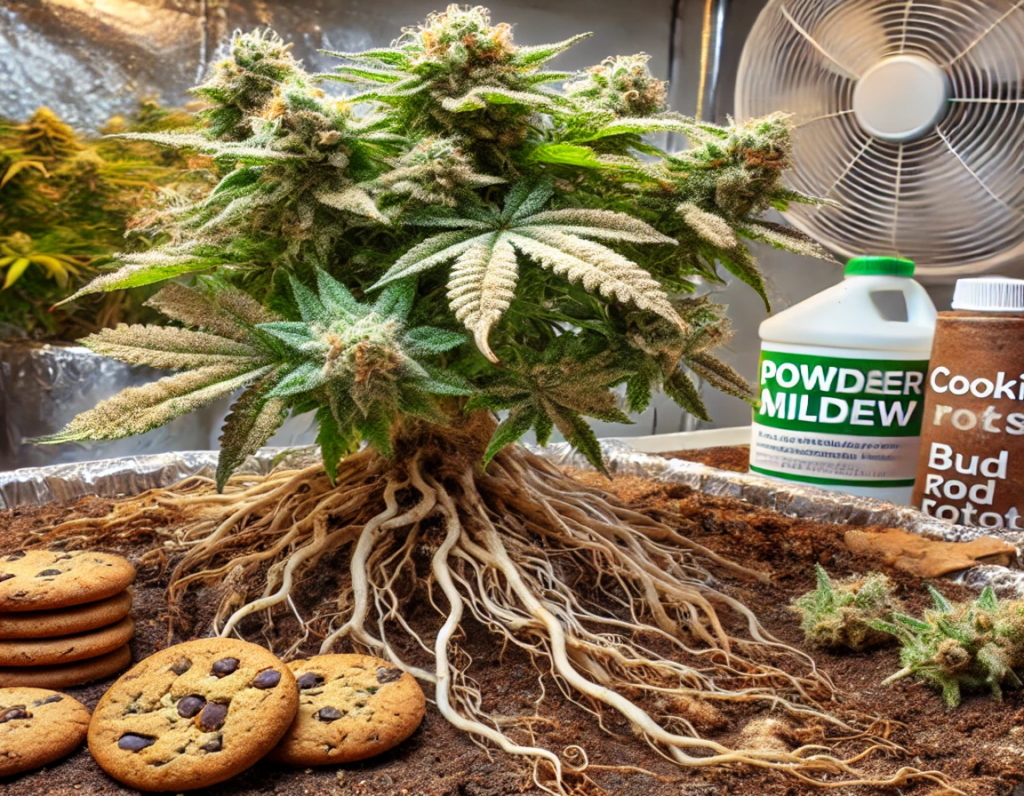 A cannabis plant with visible roots and buds indoors stands amidst chocolate chip cookies and a box labeled "Cookies Root Rot," hinting at potential plant diseases. Nearby, a can labeled "Powder Mildew" sits ominously under the gentle hum of a fan in the background.