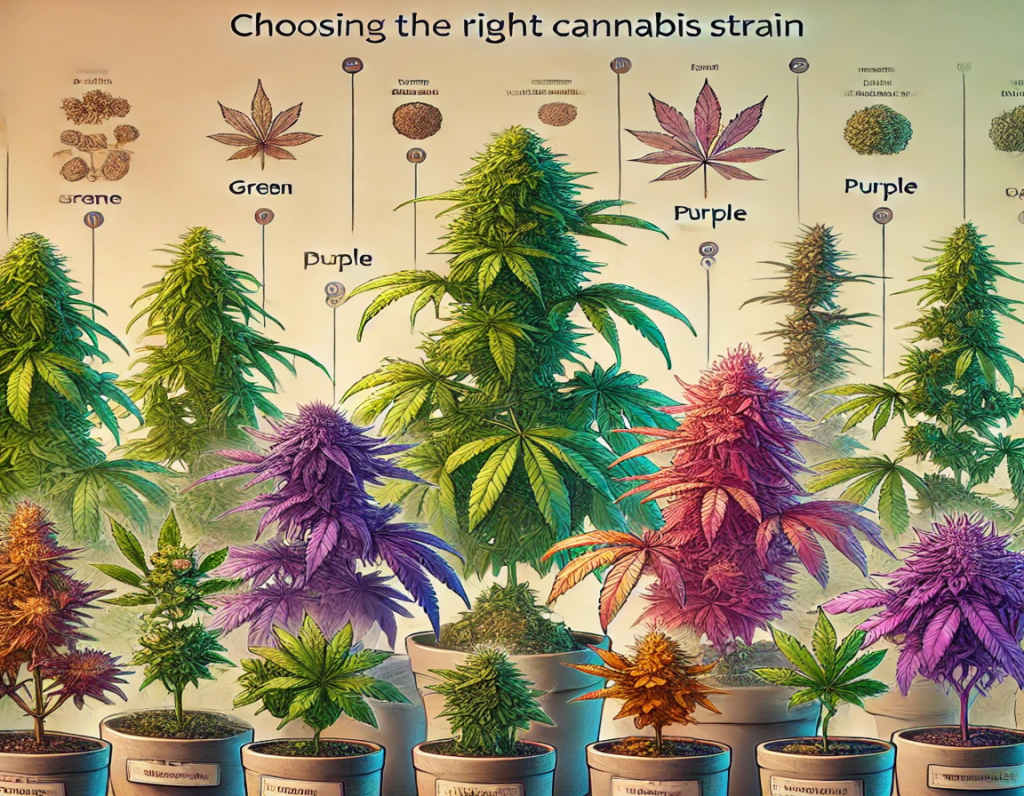 cannabis plants featuring different strains with varied bud colors, including green, purple, and orange, along with distinct leaf shapes. The plants are neatly arranged in a natural, clean environment