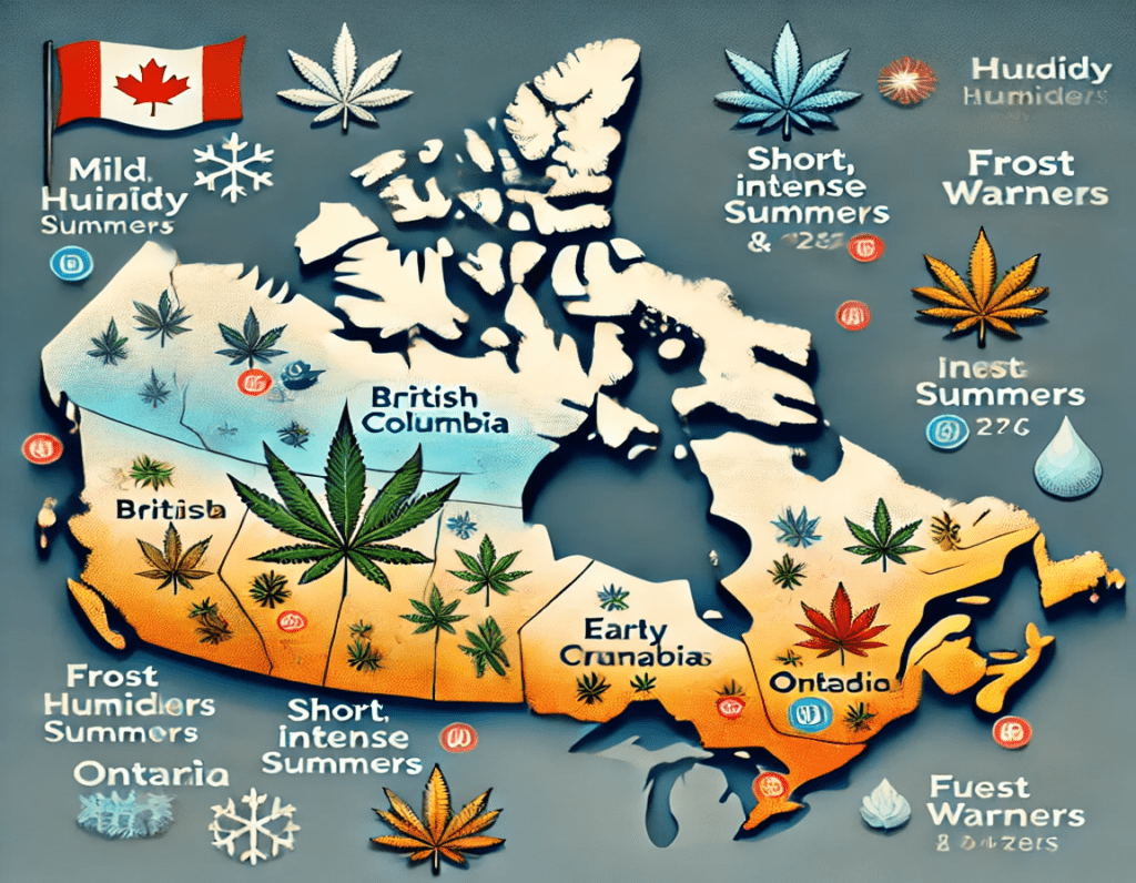 A map of Canada showcases various regions with climate descriptions like "Mild, Humid Summers" and "Frost Warners," featuring stylized leaves and temperature symbols. Discover the diverse Canadian climate as you navigate through this vibrant depiction.