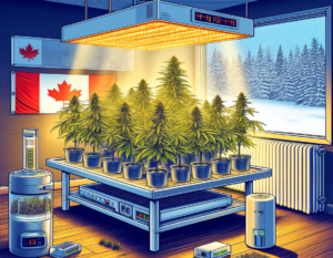 Indoor cannabis plants thrive under grow lights, surrounded by hydroponic growing equipment. A snowy window view provides a serene backdrop, while a Canadian flag on the wall enhances the scene with a Canadian perspective.