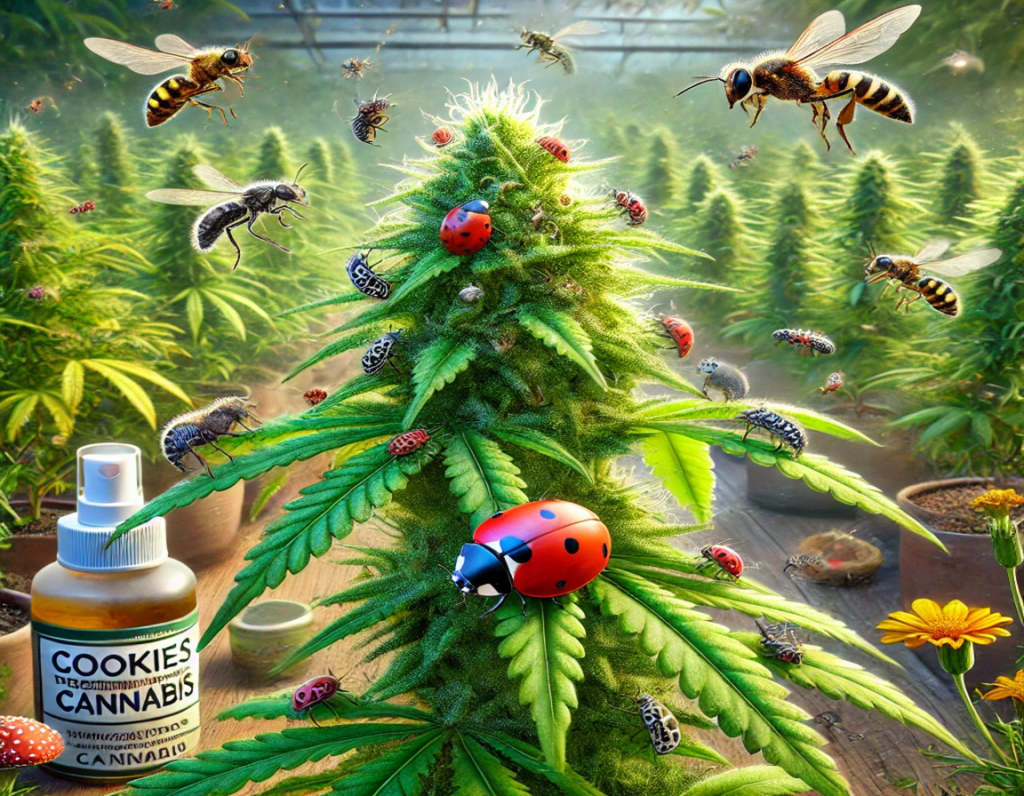 In a sunlit greenhouse, a thriving cannabis plant is surrounded by buzzing bees and colorful ladybugs. A bottle labeled "Cookies Cannabis" sits prominently in the foreground, reflecting the care taken to protect against pests and ensure healthy growth in Canadian Cookies Seeds Gardens.