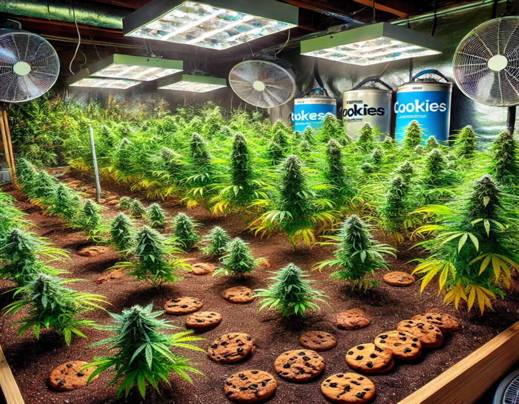 Indoor garden with cannabis plants thriving under lights, two large cookie jars labeled "cookies," and cookies placed on the soil. Fans hang from the ceiling for ventilation, ensuring a healthy environment free from pests and diseases. Proudly nurturing Canadian Cookies seeds.