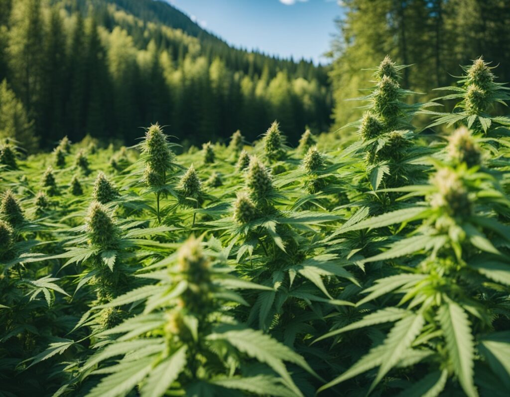 Outdoor cannabis farm with dense rows of mature plants surrounded by a forest of tall pine trees under a blue sky.