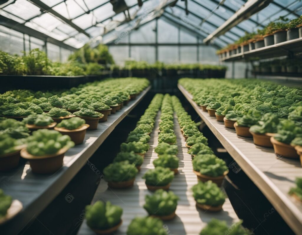 Rows of potted green plants in a greenhouse with natural light streaming through glass panels