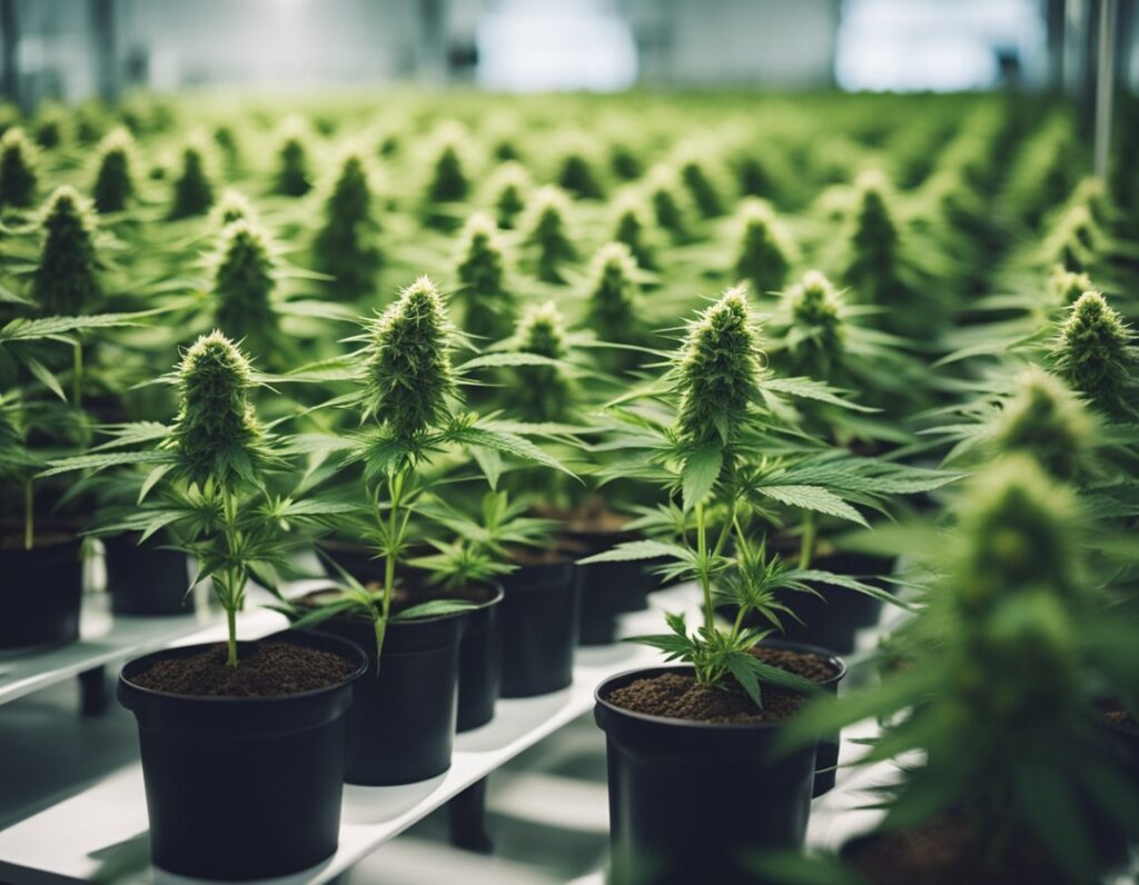 Rows of young cannabis plants in black pots under grow lights in an indoor cultivation facility