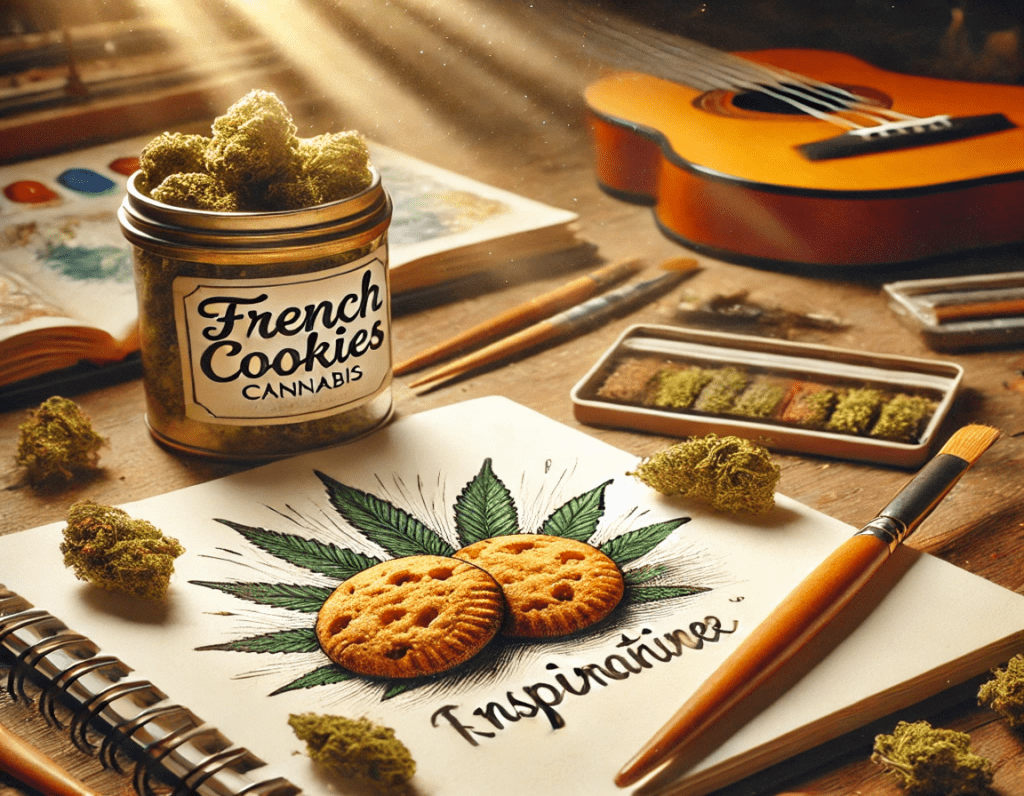 Creative workspace with a jar labeled French Cookies Cannabis,' cookies, cannabis buds, art supplies, and a drawing of cannabis leaves on a notebook, symbolizing inspiration and creativity.