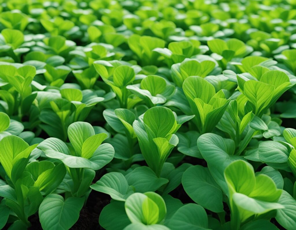 Dense field of healthy green leafy plants grown for cultivation, with focus on proper spacing and environmental control to prevent mold