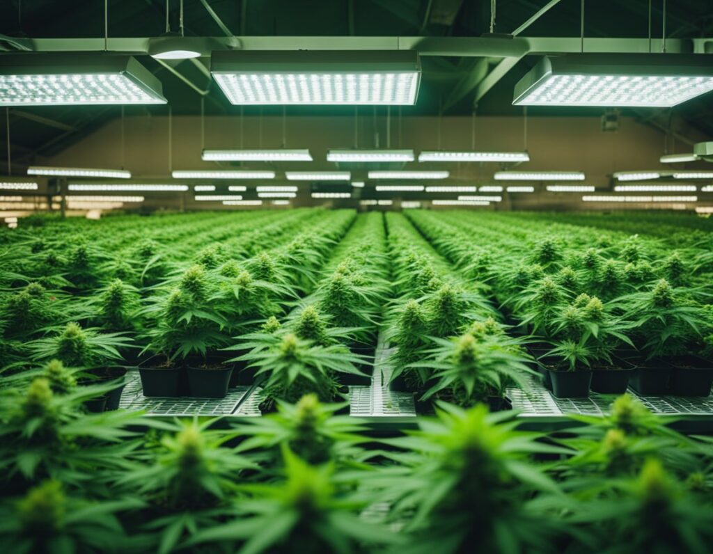 Large indoor cannabis cultivation facility with rows of plants under bright LED grow lights.