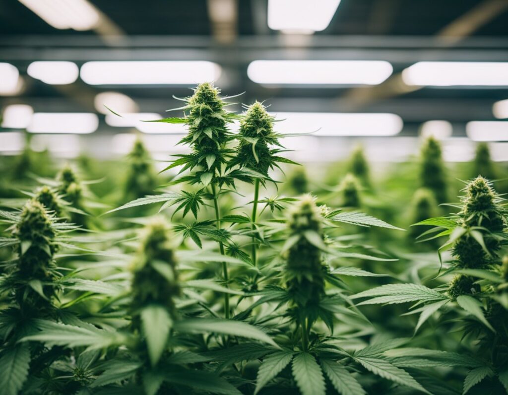 Indoor cannabis cultivation with rows of mature plants under bright LED grow lights in a greenhouse setting.