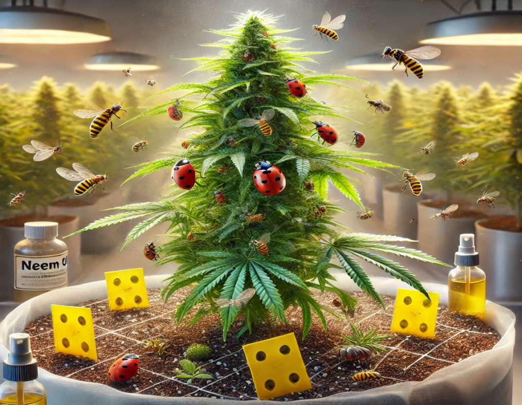 Indoor cannabis plant surrounded by ladybugs and bees, with yellow pest control cards, neem oil, and spray bottles nearby, under grow lights