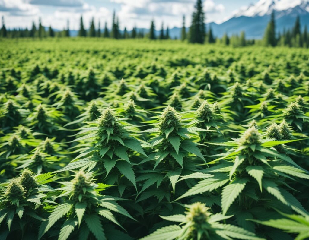 Outdoor cannabis field with rows of mature plants under a sunny sky, with mountains and pine trees in the background