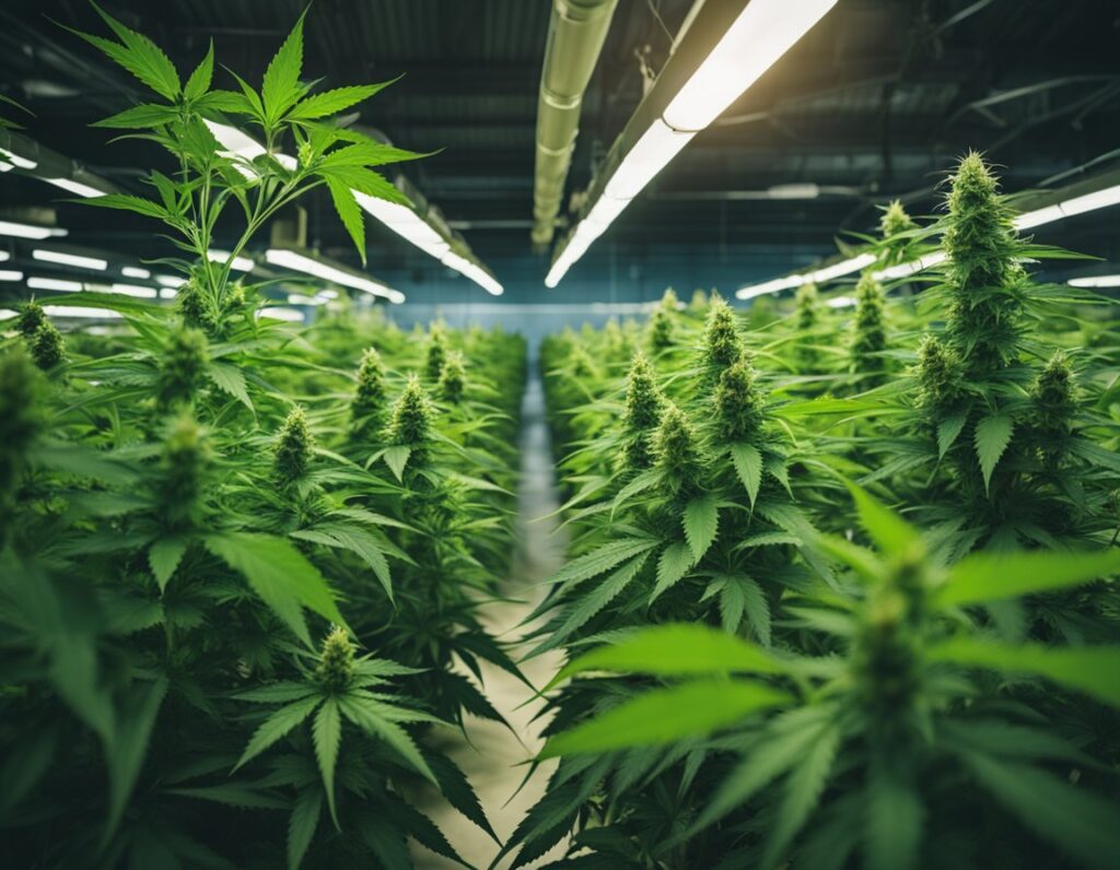 Indoor cannabis cultivation facility with rows of mature cannabis plants under bright grow lights.