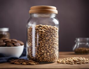 Glass jar filled with French Cookies feminized seeds with additional jars and seeds on a wooden table, illustrating how to prevent mold in seed storage in Canada.