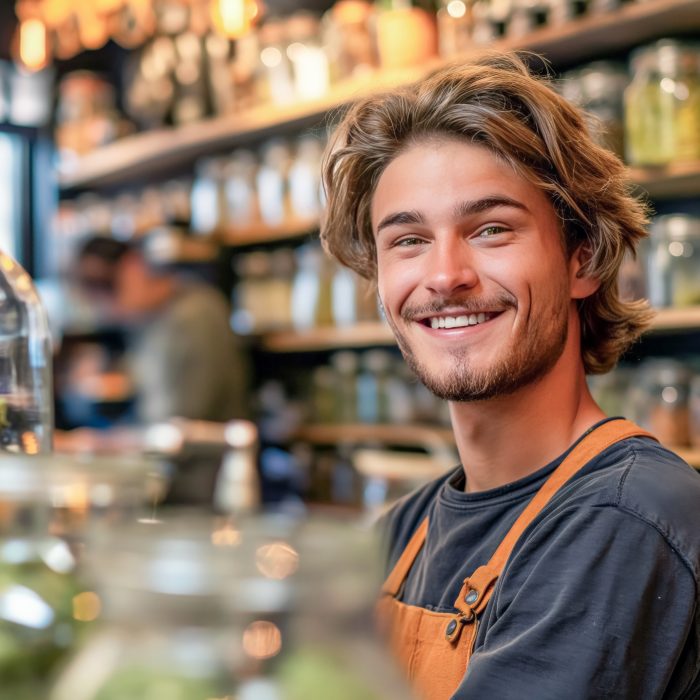 Marijuana seller. Portrait of a happy young adult salesman working in a marijuana dispensary, looking at camera and smiling.