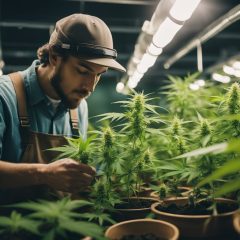 Man inspecting cannabis plants in an indoor grow facility, illustrating a legal guide to growing cannabis in Vancouver.