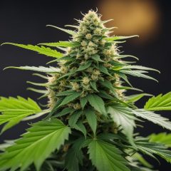 A close-up photograph of a mature, feminized cannabis plant with a prominent bud surrounded by leaves.